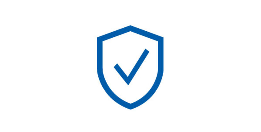 Ethical buisness practices - sustainable action Blue icon: shield with a checkmark within
